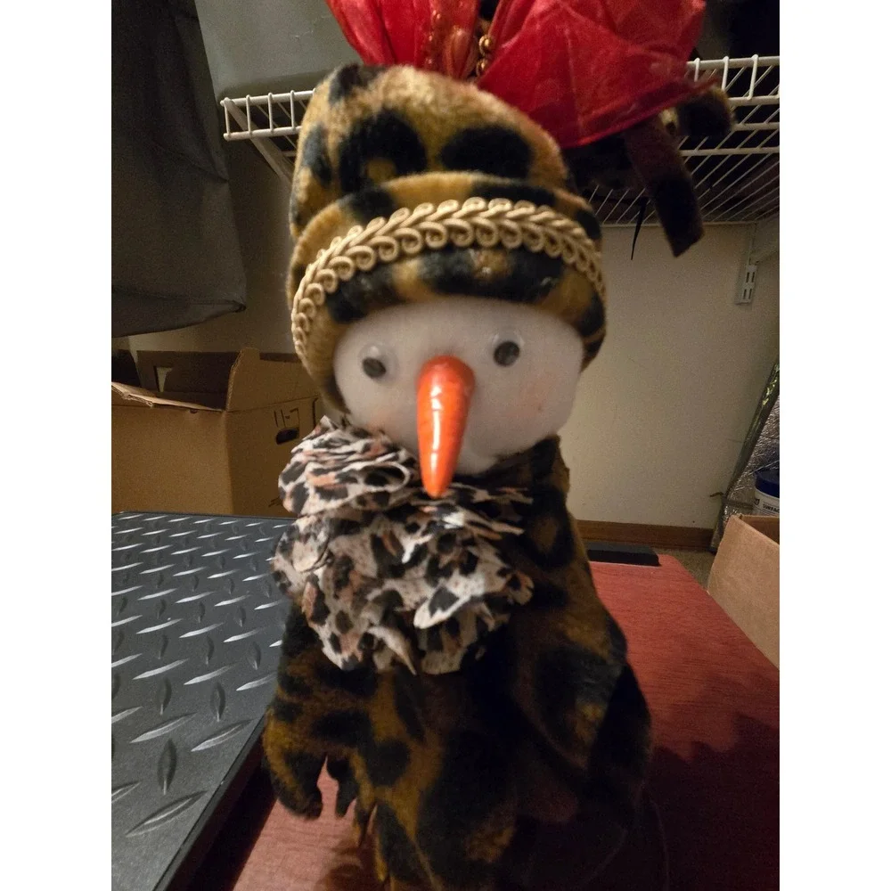 Leopard Print Plush Snowman Figurine Red Bow Metal Spring Base Holiday Decor